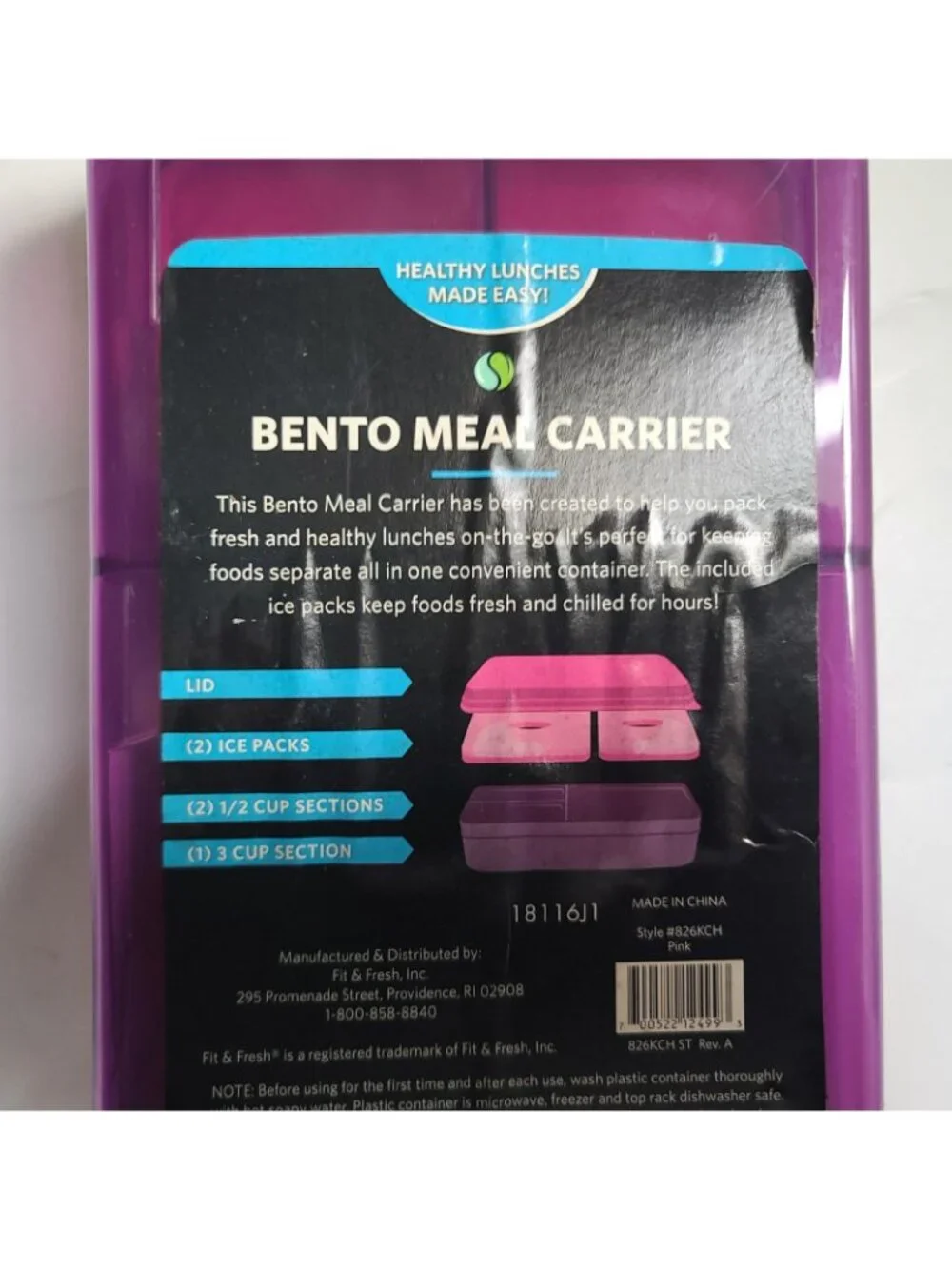 Fit & Fresh 4 Pc Bento Meal Carrier Pink 2 Snap In Ice Packs 3 Section w Lid NEW